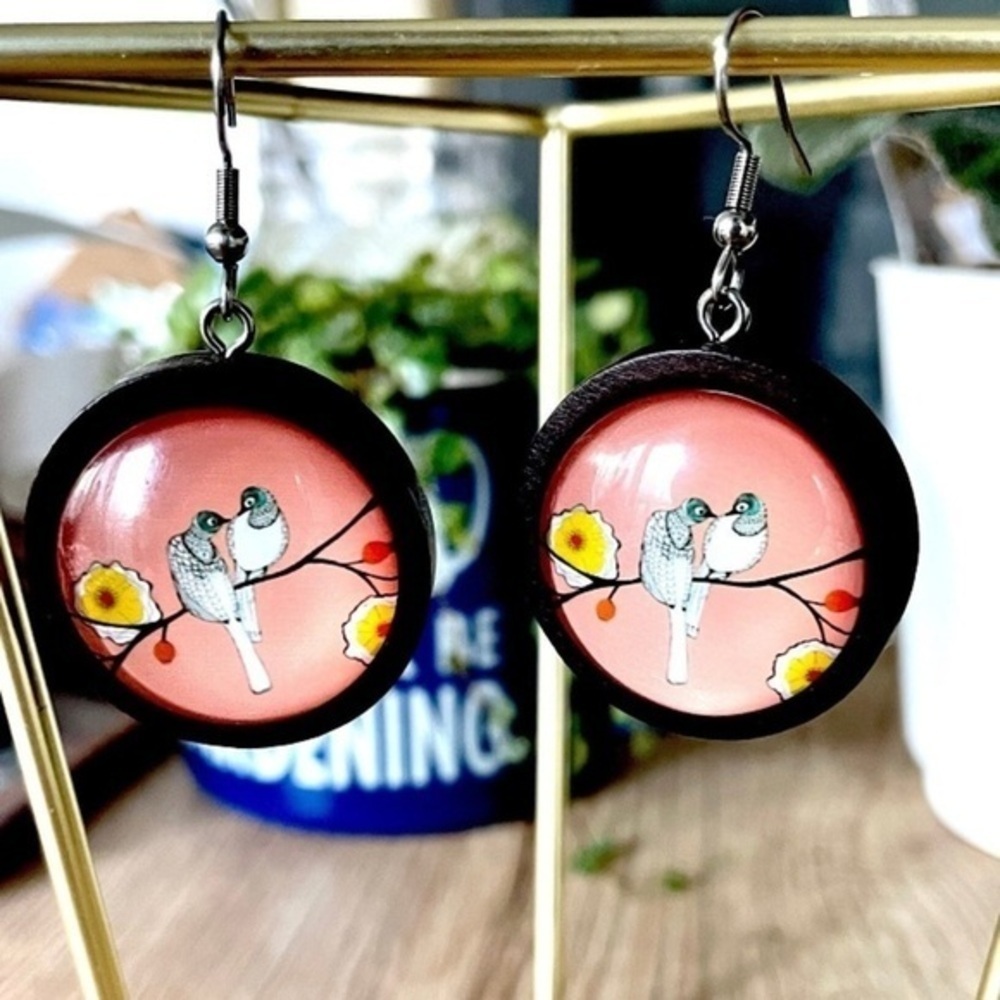 Vintage Bird Print Wood and Glass Earrings, Retro Aesthetic, NWT